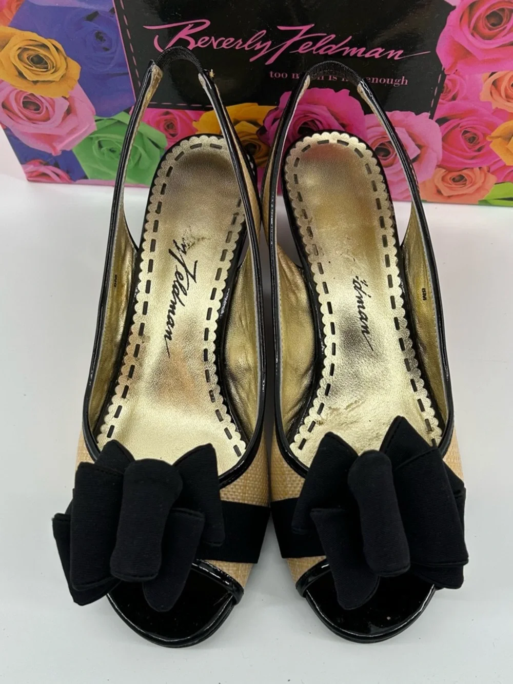 Beverly Feldman Black and Natural Slingback Peep-Toe Wedges with Bow
